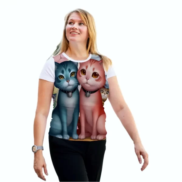 Camiseta com Estampa Casal de Gatos, Modelo Feminino Baby Look