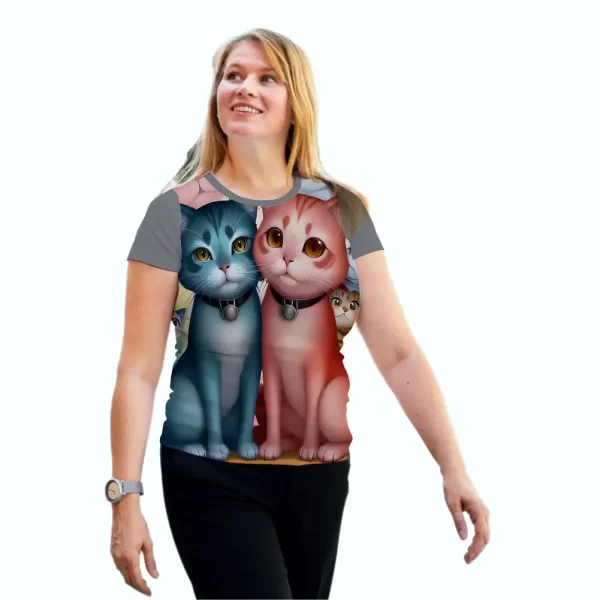 Camiseta com Estampa Casal de Gatos, Modelo Feminino Baby Look - Image 2