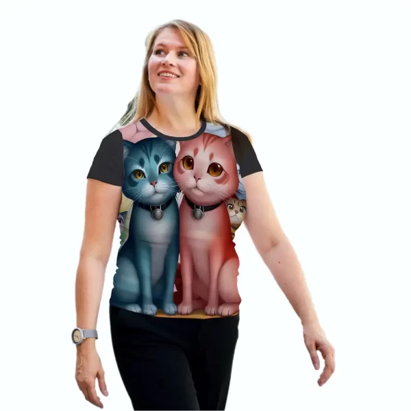 Camiseta com Estampa Casal de Gatos, Modelo Feminino Baby Look - Image 4