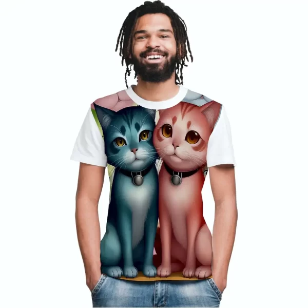 Camiseta com Estampa Casal de Gatos, Modelo Tradicional