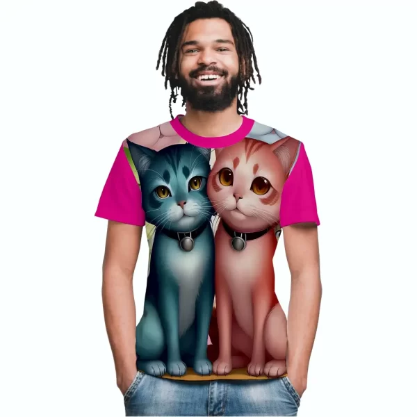 Camiseta com Estampa Casal de Gatos, Modelo Tradicional - Image 3