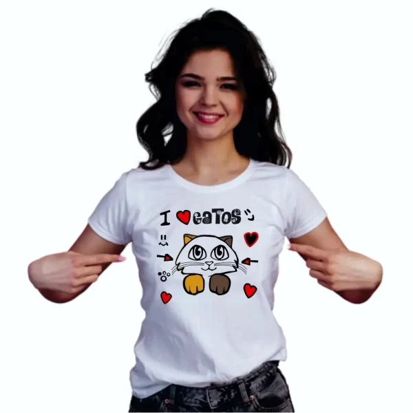 Camiseta com Estampa Eu Amo Gatos, Modelo Feminino Baby Look