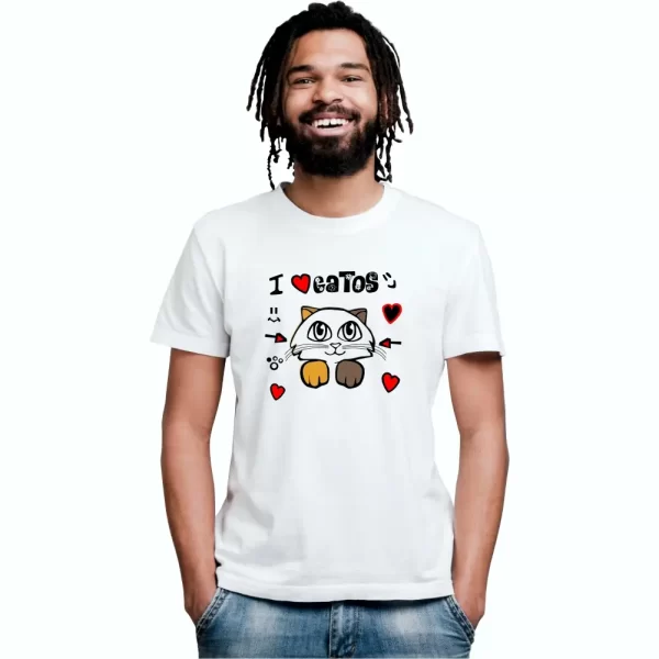 Camiseta com Estampa, eu Amo Gatos, Modelo Tradicional