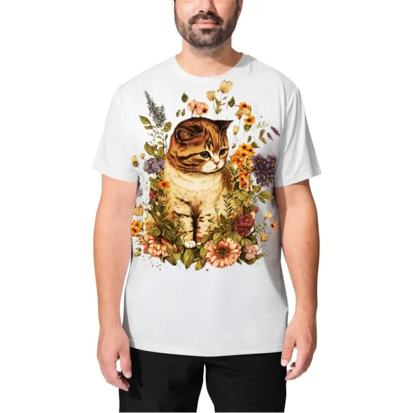 Camiseta com Estampa, Gato com flores, Modelo Tradicional