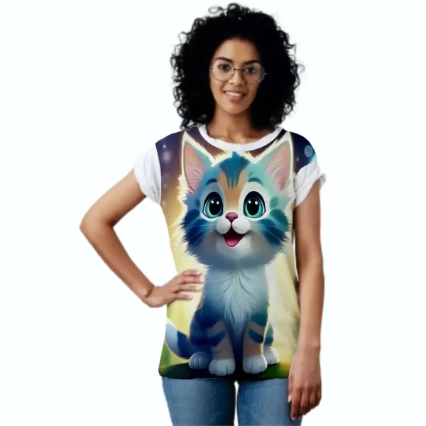 Camiseta com Estampa Gato Feliz, Modelo Feminino Baby Look