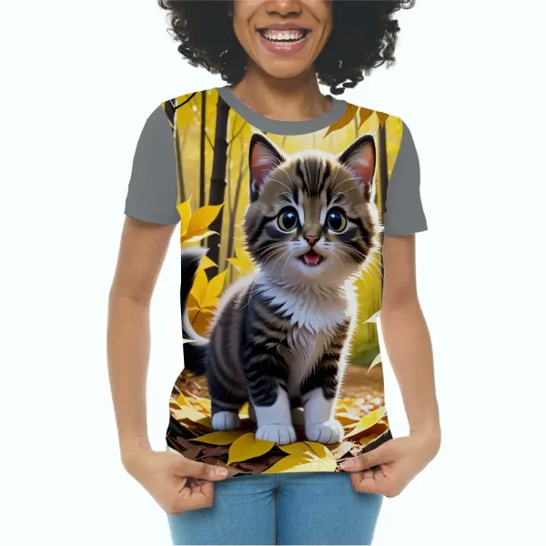 Camiseta com Estampa Gato Feliz, Modelo Feminino Baby Look - Image 2