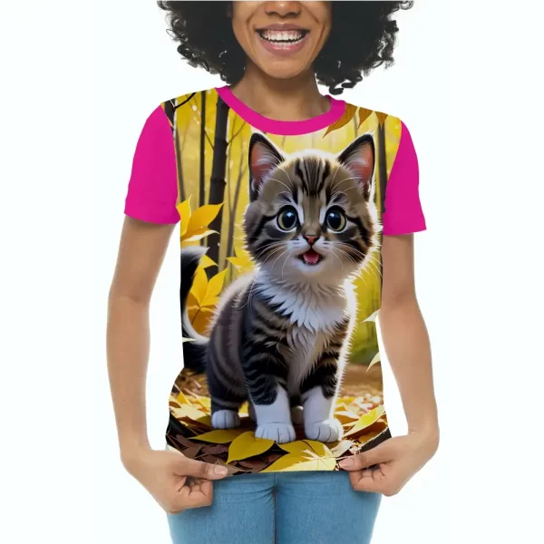 Camiseta com Estampa Gato Feliz, Modelo Feminino Baby Look - Image 3