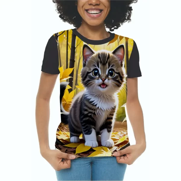 Camiseta com Estampa Gato Feliz, Modelo Feminino Baby Look - Image 4