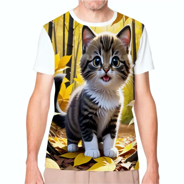 Camiseta com Estampa Gato no Jardim, Modelo Tradicional