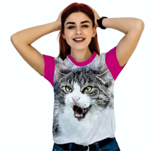 Camiseta com Estampa Gato Reagindo, Modelo Feminino Baby Look - Image 3