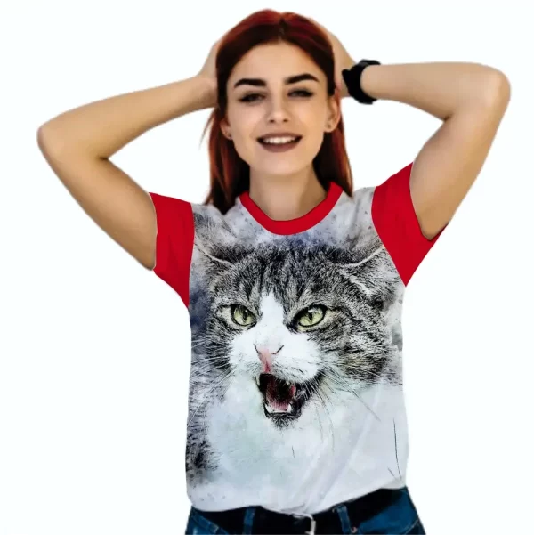 Camiseta com Estampa Gato Reagindo, Modelo Feminino Baby Look - Image 5