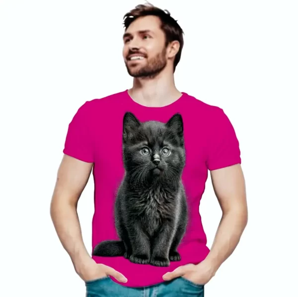 Camiseta com Estampa Gato Sério, Modelo Tradicional - Image 3