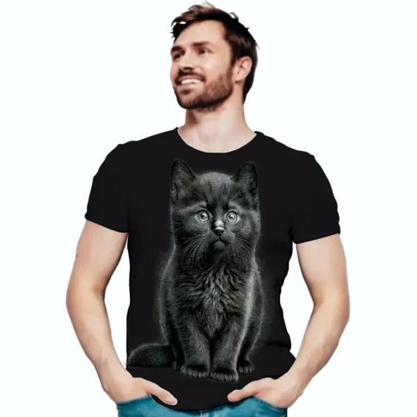 Camiseta com Estampa Gato Sério, Modelo Tradicional - Image 4