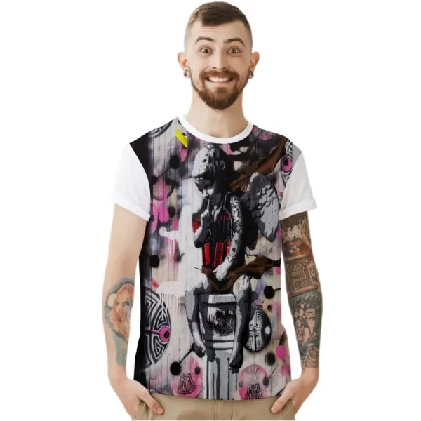 Camiseta com Estampa Grafite Estátua Modificada, Modelo Tradicional