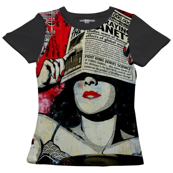 camiseta com estampa grafite manchete de jornal, modelo feminino baby look - Image 4