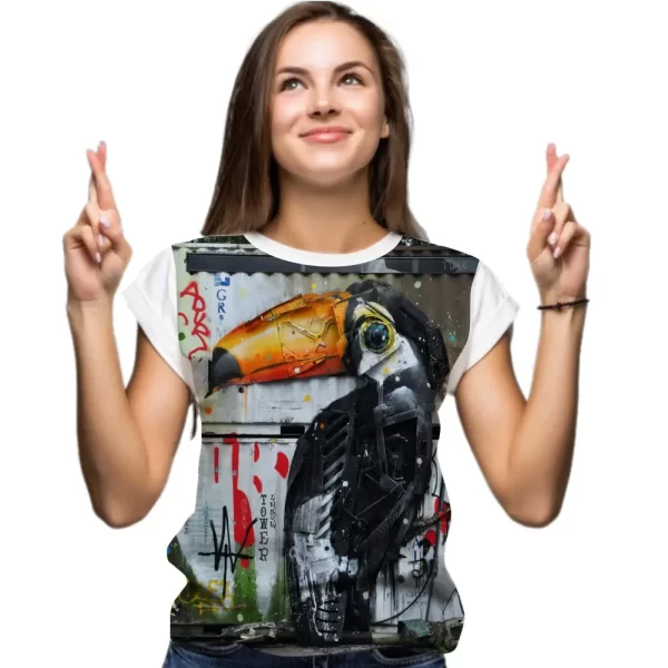 Camiseta com Estampa Grafite Tucano no Container, Modelo Feminino Baby Look