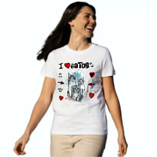 Camiseta com Estampa I Love Gatos, Modelo Feminino Baby Look