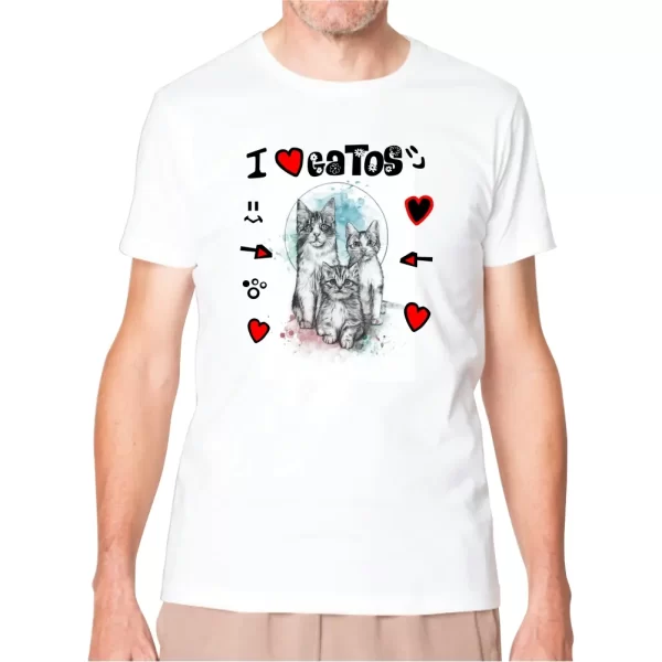 Camiseta com Estampa I Love Gatos Modelo Tradicional