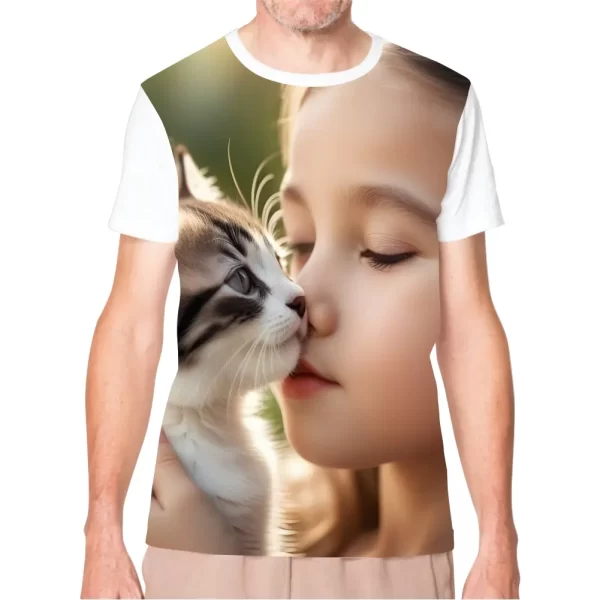 Camiseta com Estampa menina e seu gato, Modelo Tradicional