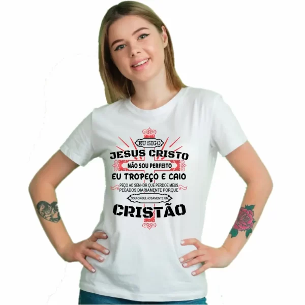 Camiseta Modelo Baby Look, Estampa; eu Sigo Jesus