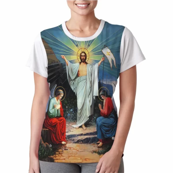 Camiseta Modelo Baby Look, Estampa; Jesus Ressurreição