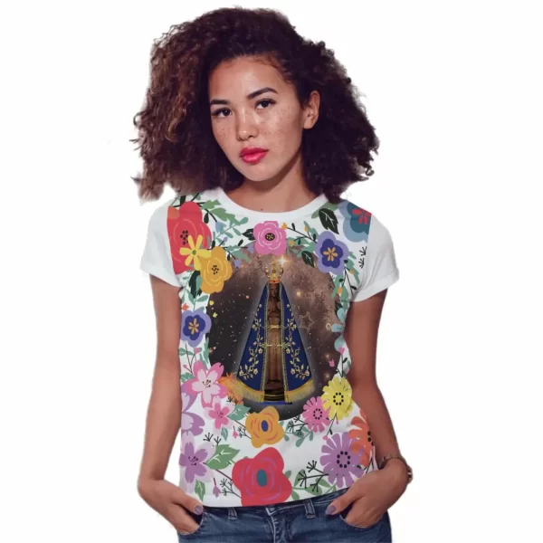 Camiseta Modelo Baby Look, Estampa; Nossa Senhora Aparecida Proteja-nos