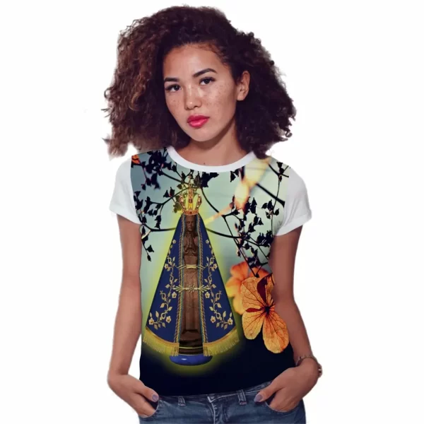 Camiseta Modelo Baby Look, Estampa; Nossa Senhora Aparecida com Flores