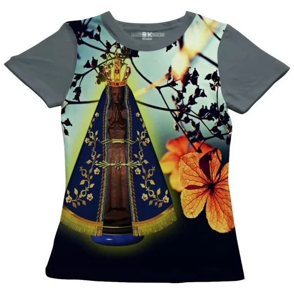 Camiseta Modelo Baby Look, Estampa; Nossa Senhora Aparecida com Flores - Image 3