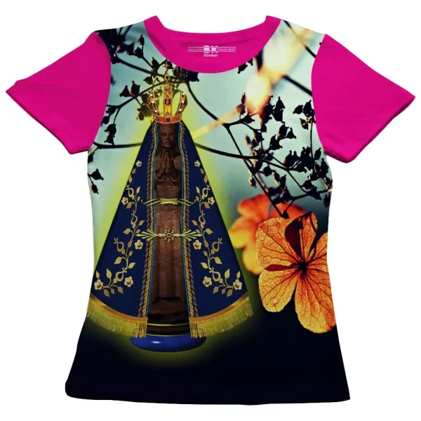 Camiseta Modelo Baby Look, Estampa; Nossa Senhora Aparecida com Flores - Image 4