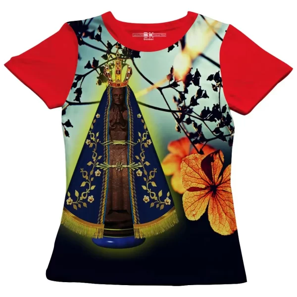 Camiseta Modelo Baby Look, Estampa; Nossa Senhora Aparecida com Flores - Image 2