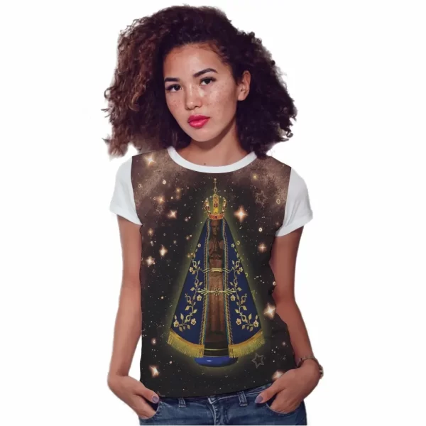 Camiseta Modelo Baby Look, Estampa; Nossa Senhora Aparecida Iluminando