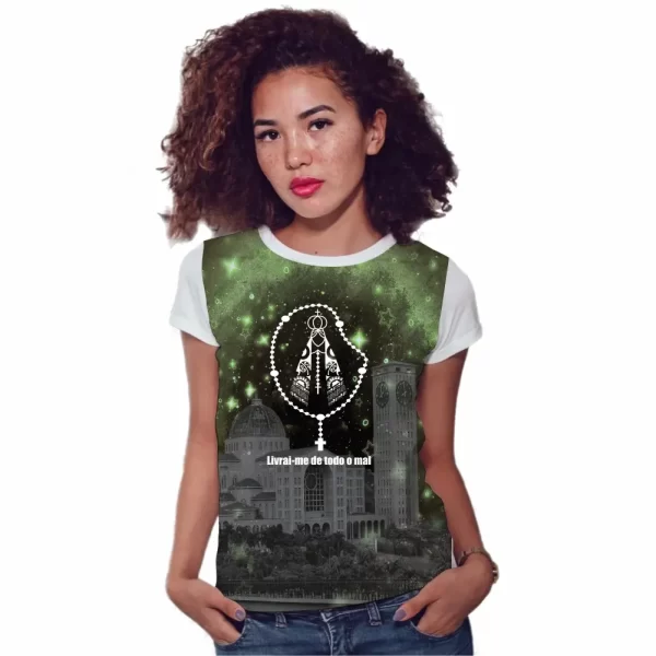 Camiseta Modelo Baby Look, Estampa; Nossa Senhora Aparecida Livrai-me de Todo o Mal