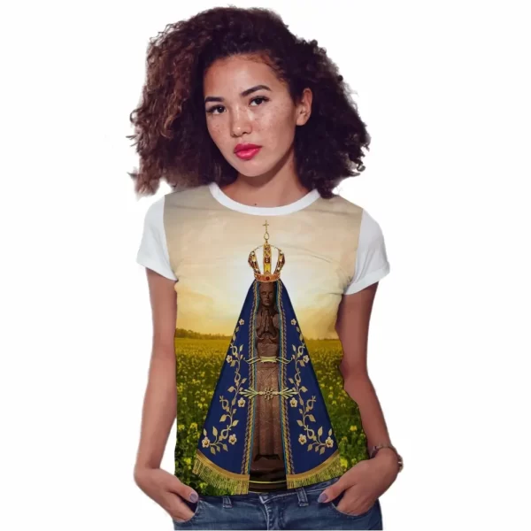 Camiseta Modelo Baby Look, Estampa; Nossa Senhora Aparecida Protetora