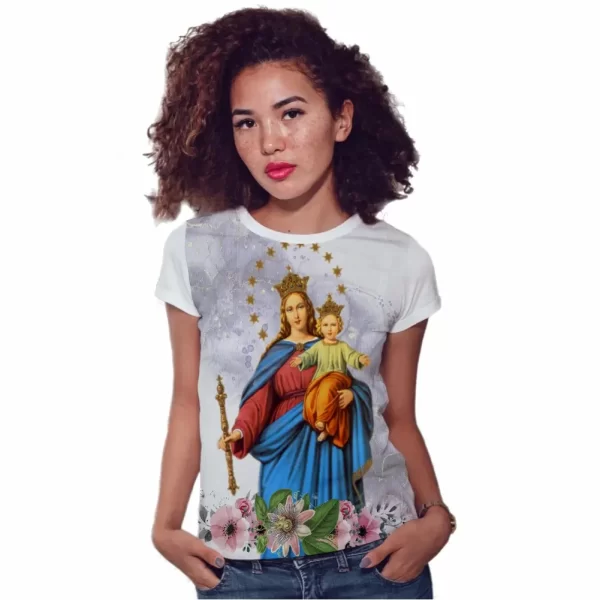 Camiseta Modelo Baby Look, Estampa; Nossa Senhora Auxiliadora