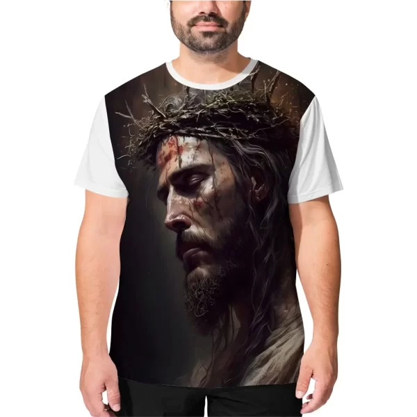 Camiseta Modelo Tradicional, Estampa; com Coroa de Espinhos