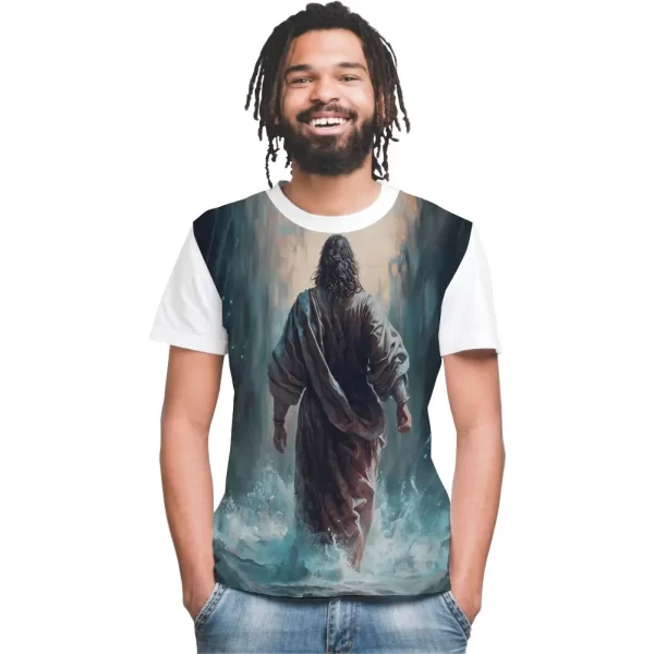 Camiseta Modelo Tradicional, Estampa; Jesus Sobre as Águas