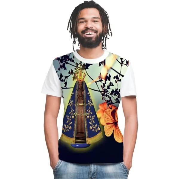 Camiseta Modelo Tradicional, Estampa; Nossa Senhora Aparecida com Flores