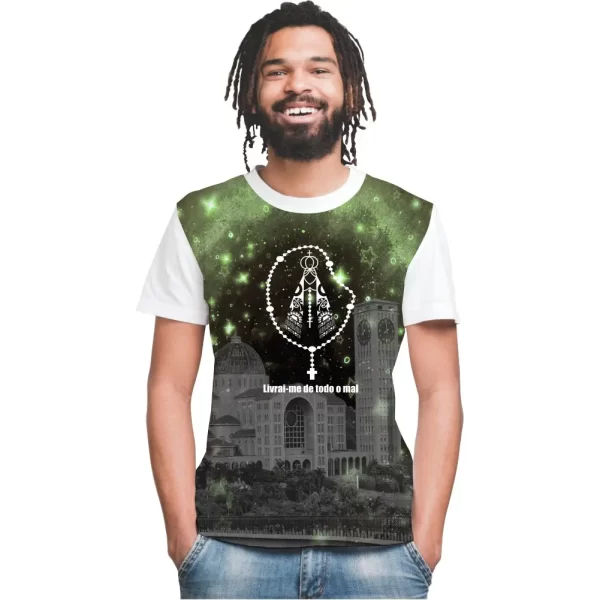 Camiseta Modelo Tradicional, Estampa; Nossa Senhora Aparecida Livrai-me de Todo o Mal