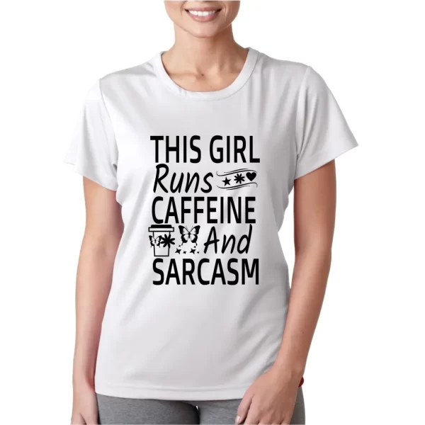 Camiseta feminina, modelo baby look, estampa Caffeine