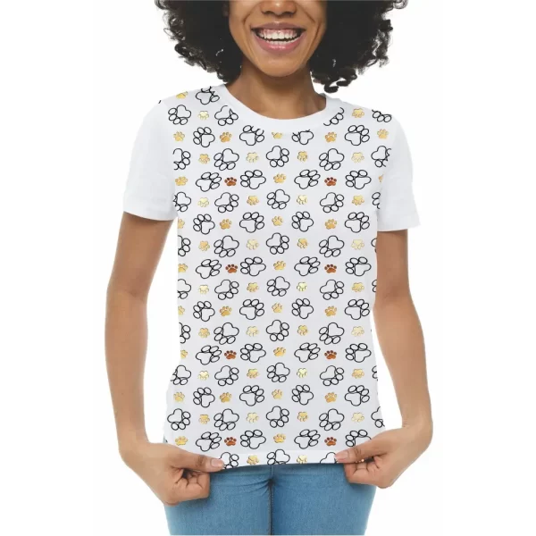 Camiseta feminina Modelo Baby Look, Estampa, Pegadas de Cães