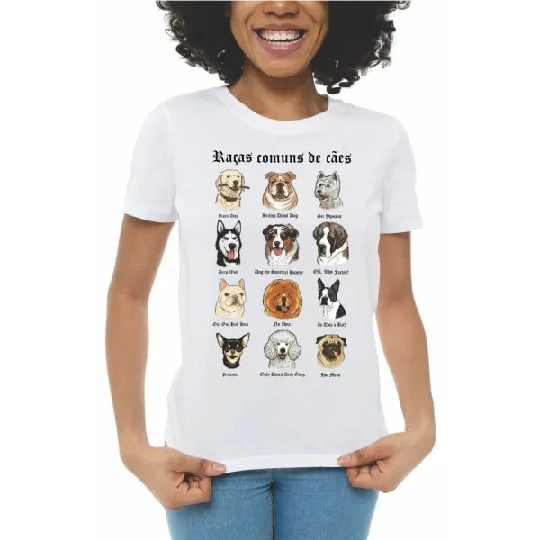 Camiseta feminina Modelo Baby Look, Estampa, Raças Comuns de Cães