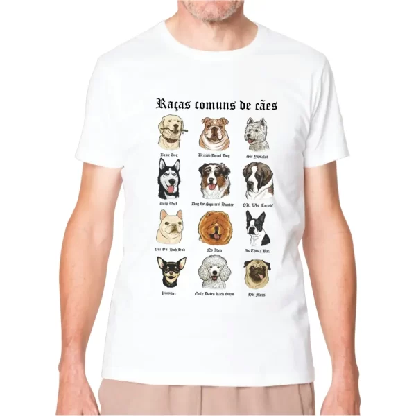 Camiseta Modelo Tradicional, Estampa Raças Comuns de Cães